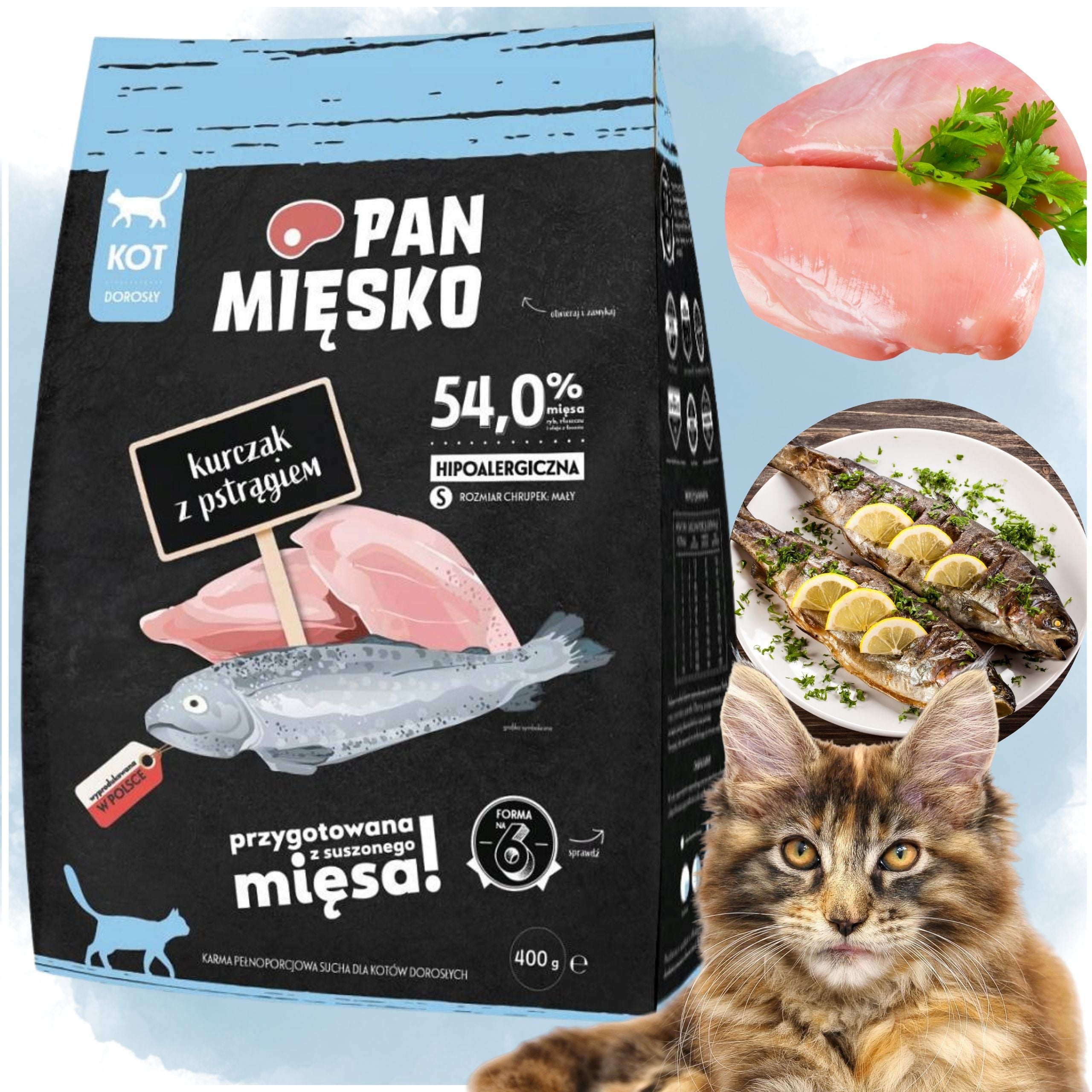 Pan Mięsko Csirke + Pisztráng száraz macskaeledel 400 g